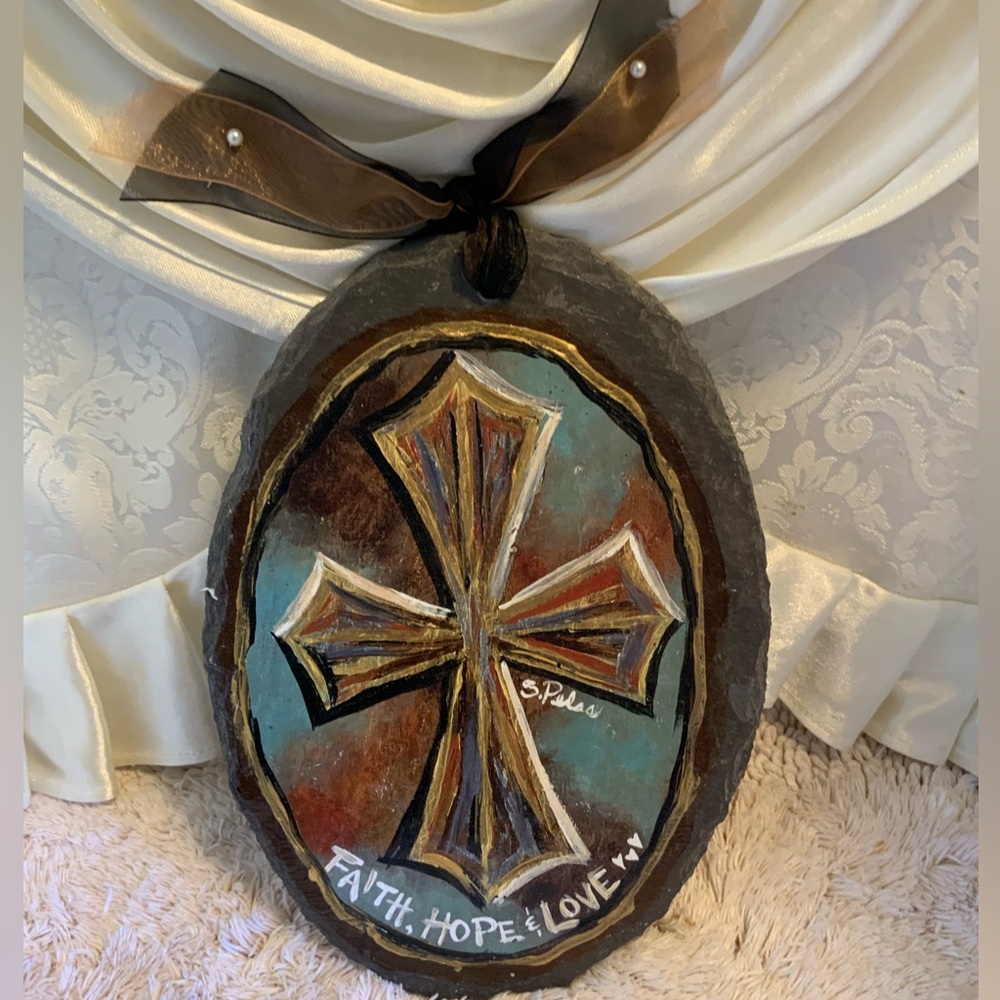 HANDPAINTED CROSS ON SLATE SIGNED